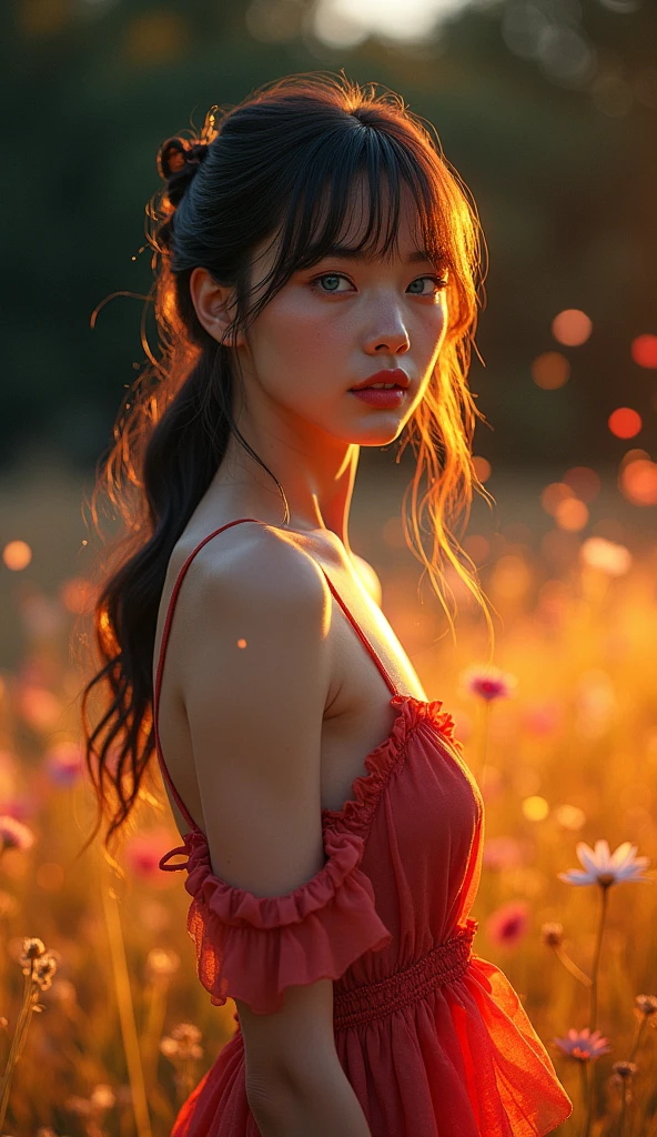 (((cinematic portrait))), young woman, vibrant hair, colourful blooming flowers, sunset, warm light, serene expression 00 --ar 3:2 --c 30 --s 2