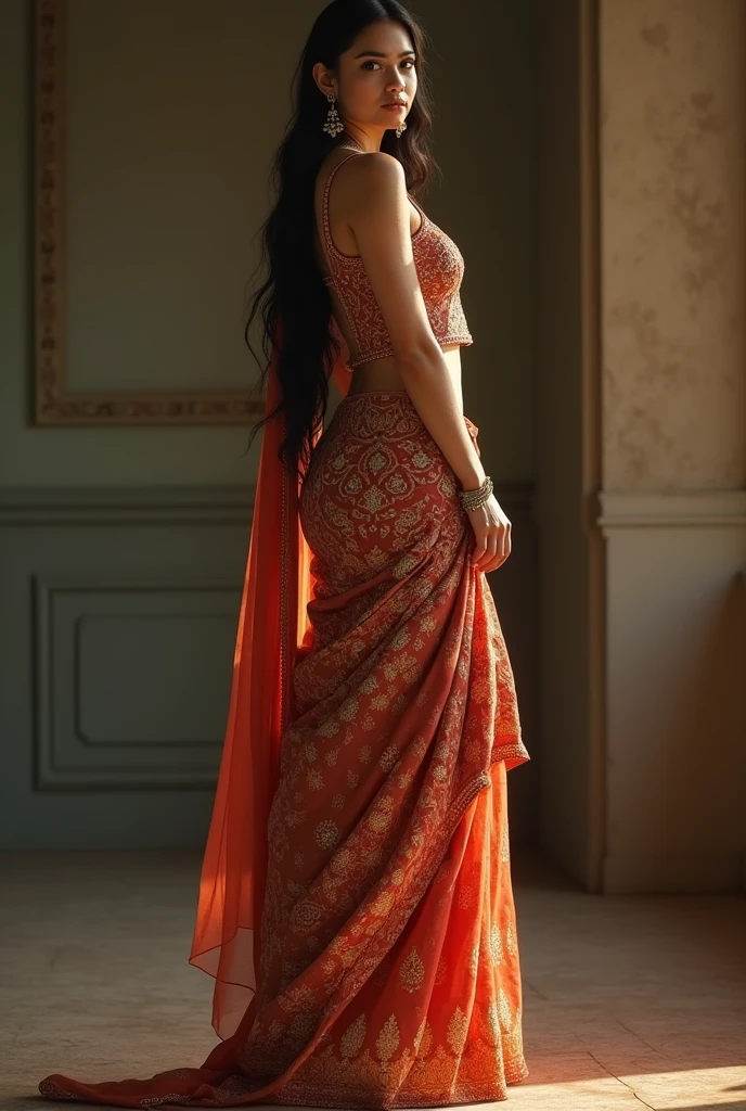 a beautiful white swedish girl, traditional indian clothes and makeup, 6 feet tall, long heels, fit figure, round bust slim waist thick hips, full body portrait, (best quality,8k,highres,masterpiece:1.2),ultra-detailed,(realistic,photorealistic,photo-realistic:1.37),intricate details, vivid colors, warm lighting, cinematic, dramatic lighting, fashion photography