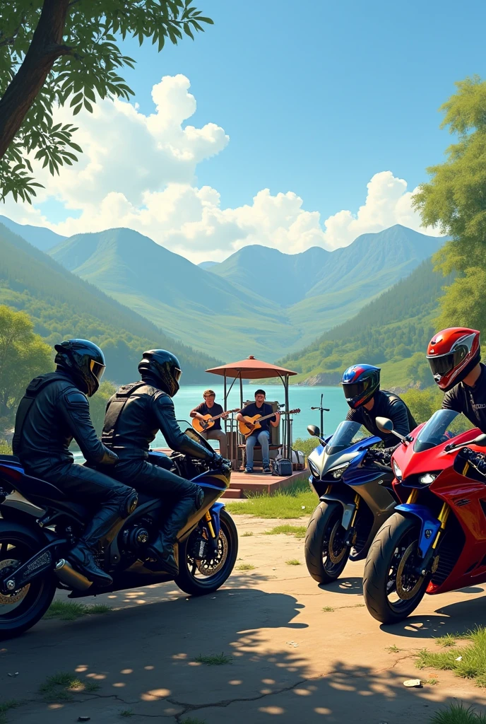 Group of sports bike rider playing music in scenery 
