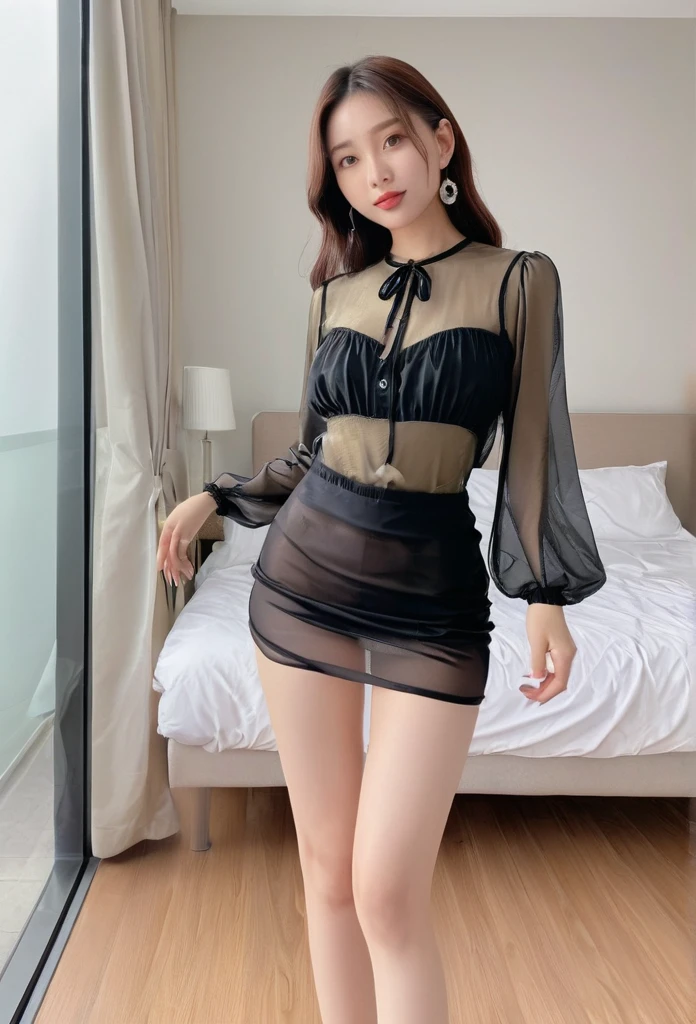 A woman with a beautiful girl々Create a new, whole body, A short sheer dress for、For girls, remove the low-cut see-through blouse and mini skirt., I&#39;m looking forward to both, The boy is kissing her breast, Make it look realistic