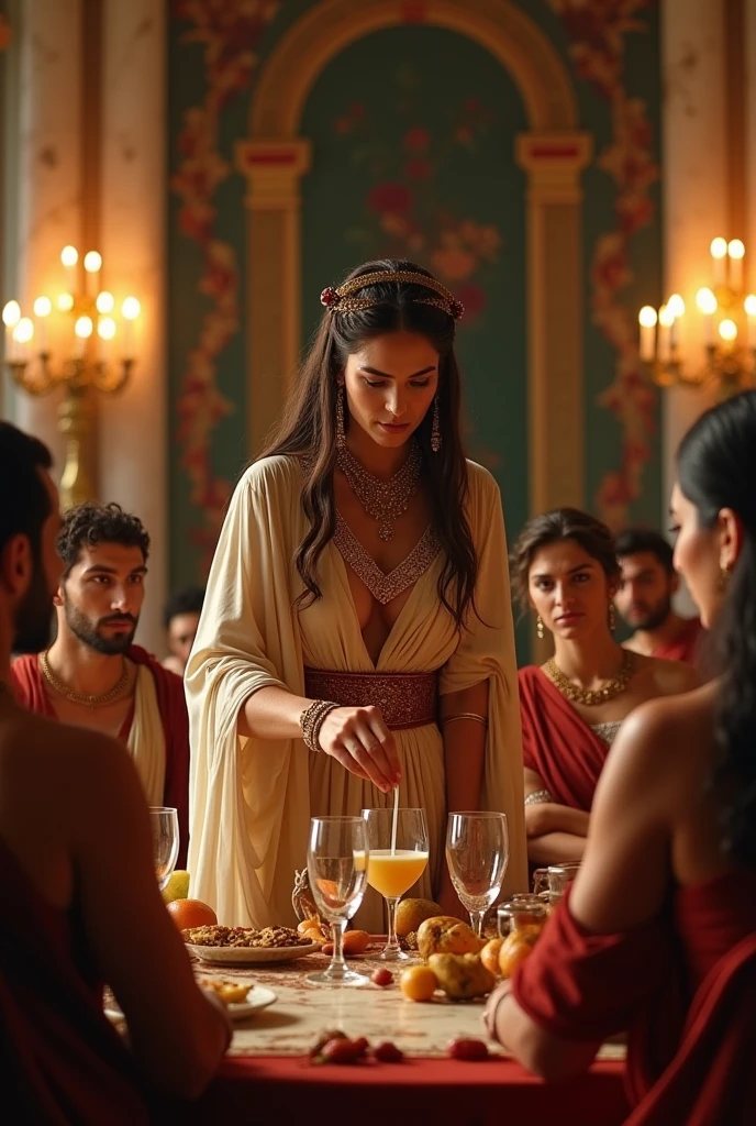 a detailed, realistic film still of Beautiful Livia at a grand Roman banquet, slipping poison into a drink. The potential heirs, dressed in opulent Roman garments, should be seated around the table. Use professional lighting, dynamic color grading, and Technicolor effects to bring the scene to life. The shot should have sharp focus and fine details, with a Canon EOS R5 and 75mm lens for a cinematic touch.