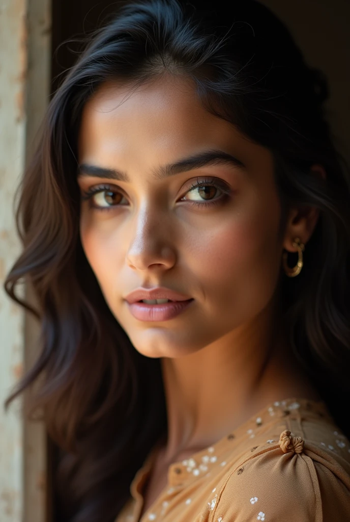 There is a young, Beautiful indian woman, who looks to the future like Katrina Kaif. She stands there and looks into the camera, a portrait from raw photo.
