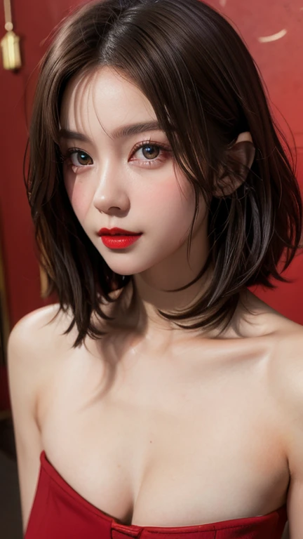 (masterpiece, high quality, Fisheye Lens:1.2), (Close-up portrait:1.1), alone, Model photoshoot, (red theme:1.1), Stylish girl, dora, Brown Hair, Brown eyes, red lipstick, red eye shadow, red面, (freckles:0.7), (European, 2:1.3), sexy, Pure innocence, (A light smile:0.8), Prostitute vibe, in love, simple red dress, Cleavage, Detailed and natural skin texture, A seductive gaze, Detailed lighting, (red:1.1) Wall Background, Shallow depth of field, Romantic atmosphere, Dreamy pastel palette, Whimsical details, captured on film, Browsing Caution