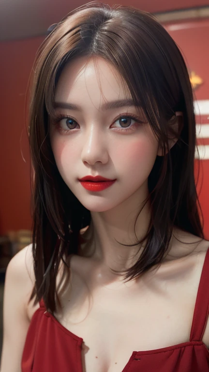 (masterpiece, high quality, Fisheye Lens:1.2), (Close-up portrait:1.1), alone, Model photoshoot, (red theme:1.1), Stylish girl, dora, Brown Hair, Brown eyes, red lipstick, red eye shadow, red面, (freckles:0.7), (European, 2:1.3), sexy, Pure innocence, (A light smile:0.8), Prostitute vibe, in love, simple red dress, Cleavage, Detailed and natural skin texture, A seductive gaze, Detailed lighting, (red:1.1) Wall Background, Shallow depth of field, Romantic atmosphere, Dreamy pastel palette, Whimsical details, captured on film, Browsing Caution