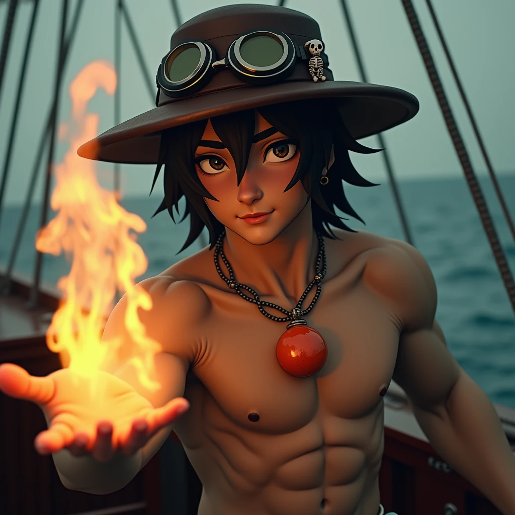 High resolution、Delicate depiction、8k、Realistic、(((Realistic)))、Really、Realistic depiction、photograph、Cinematic、(((Young people)))、26 talents、Muscular、Toned body、Upper body naked、Black Hair Semi-Long、(((Ten-gallon hat and goggles)))、(((The chin strap is secured with a small skeleton accessory..)))、(((Large round orange jade necklace)))、Bust Shot、On the boat、flame on palm