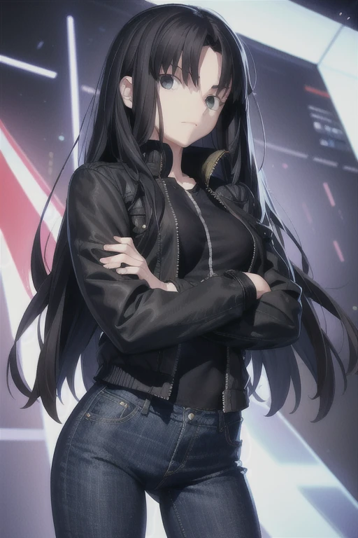a young woman in a denim pants and black jacket stands with crossed arms, 1girl, solo, long hair, long slit eyes, black eyes, pants, jacket, denim, black hair, jeans, small breast, skinny, Cool Beauty,
