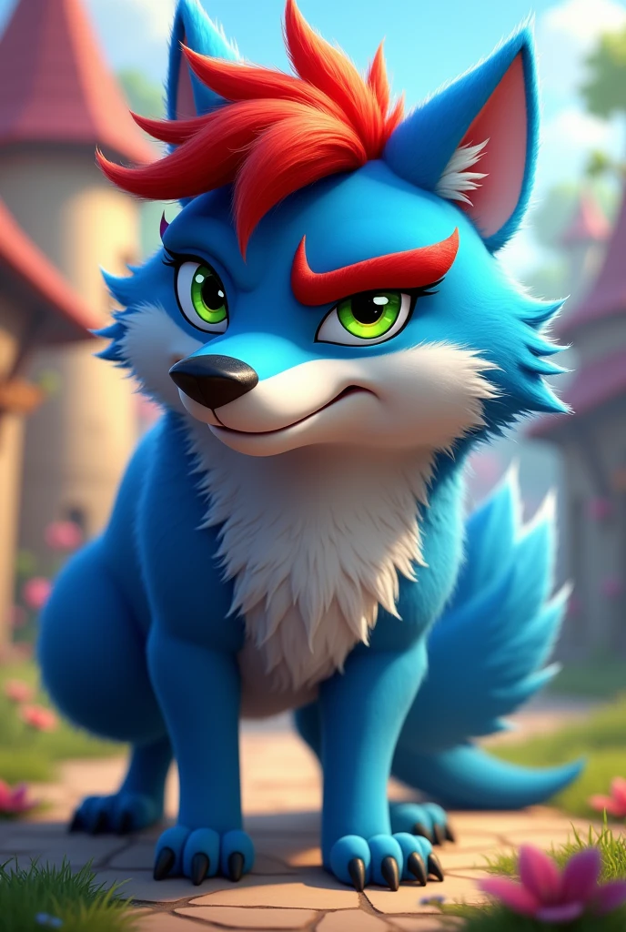 Furry blue wolf, red hair, red Eyebrow, green eyes, male, cartoon theme