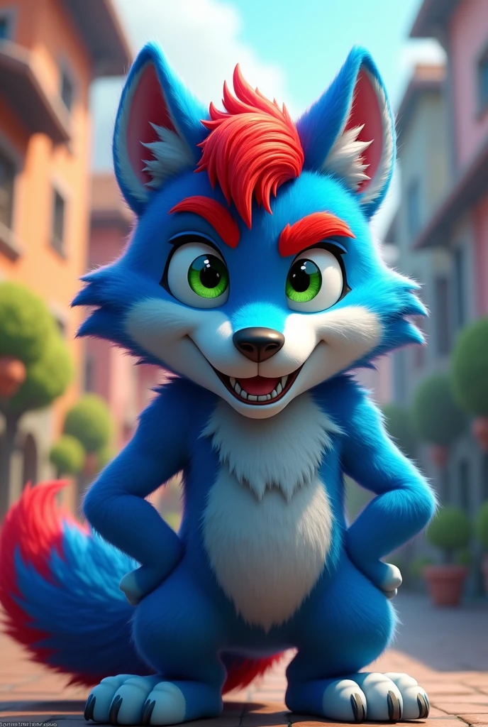 Furry blue wolf, red hair, red Eyebrow, green eyes, male, cartoon theme 