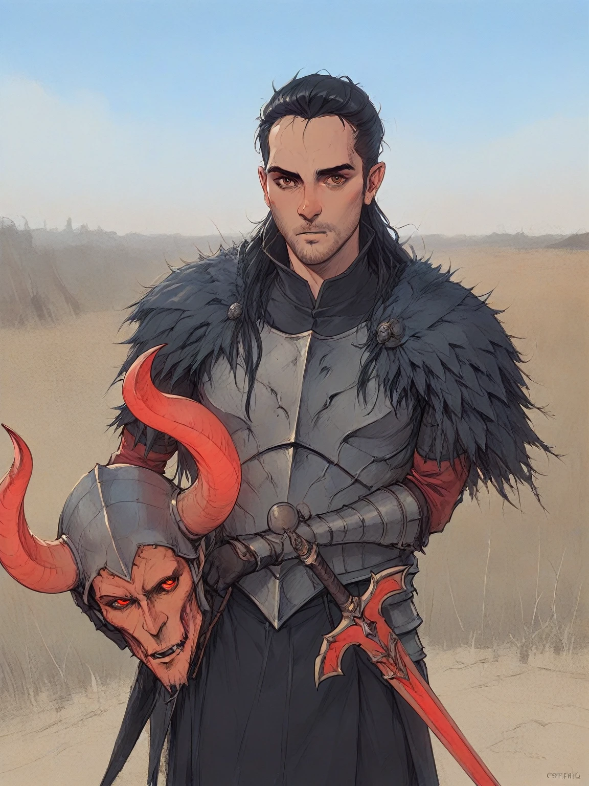 there is a man dressed in a costume holding a sword and a helmet, demonic  inspired armor, wearing daedric armour, as a medieval fantasy character, african kinith, demonic looking armor, wearing techwear and armor, male vampire of clan banu haqim, wearing monster hunter armor,long Black hair 