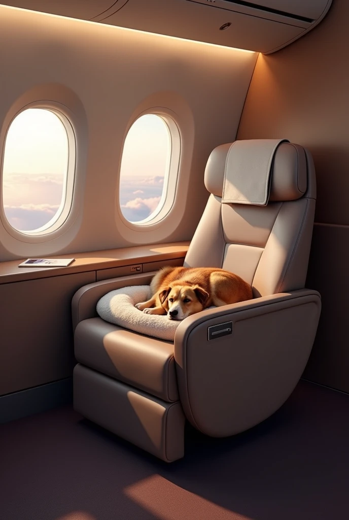 Create an image of a reclining chair on an airplane with a dog bed next to it