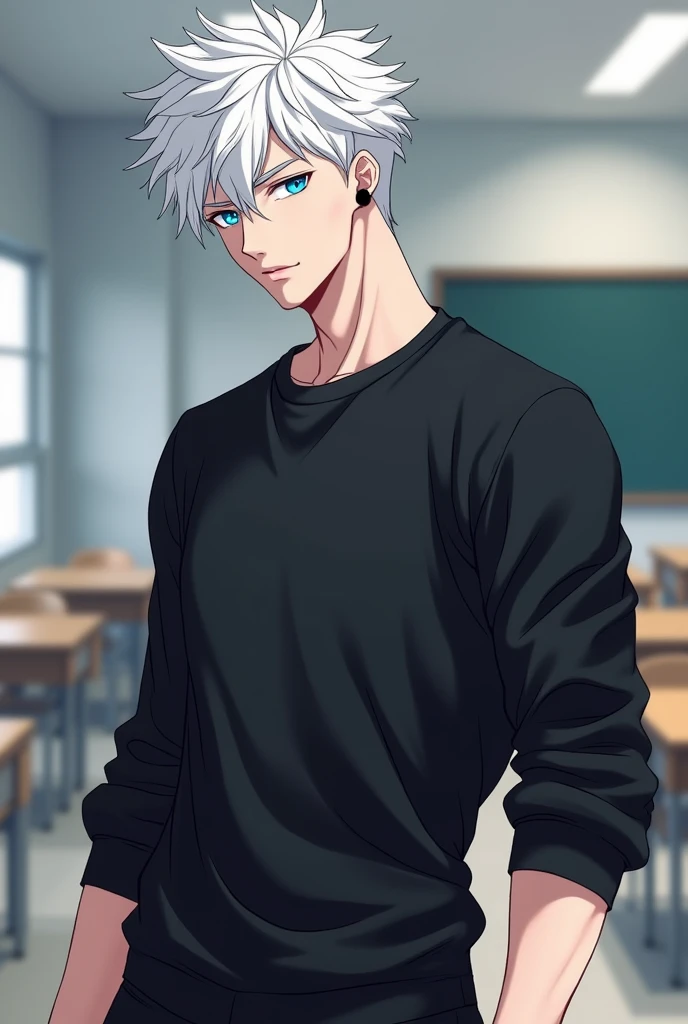 anime character, White hair, spiky hair, Pale skin, bright blue eyes, Long white eyelashes, male, muscular, black small earrings big glossy lips, classroom, grey eyebrows, black sweater, black shorts