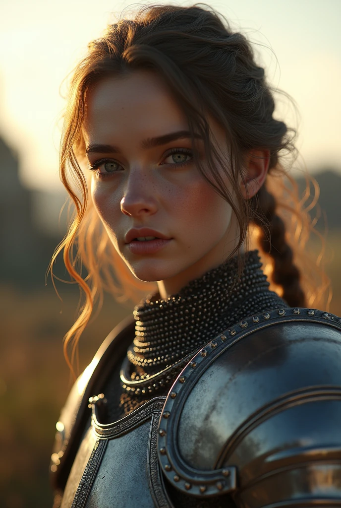 (masterpiece), (extremely intricate:1.3), (realistic), portrait of a girl, the most beautiful in the world, (medieval armor), metal reflections, upper body, outdoors, intense sunlight, far away castle, professional photograph of a stunning woman detailed, sharp focus, dramatic, award winning, cinematic lighting, octane render unreal engine, volumetrics dtx, (film grain, blurry background, blurry foreground, bokeh, depth of field, sunset, motion blur:1.3), chainmail