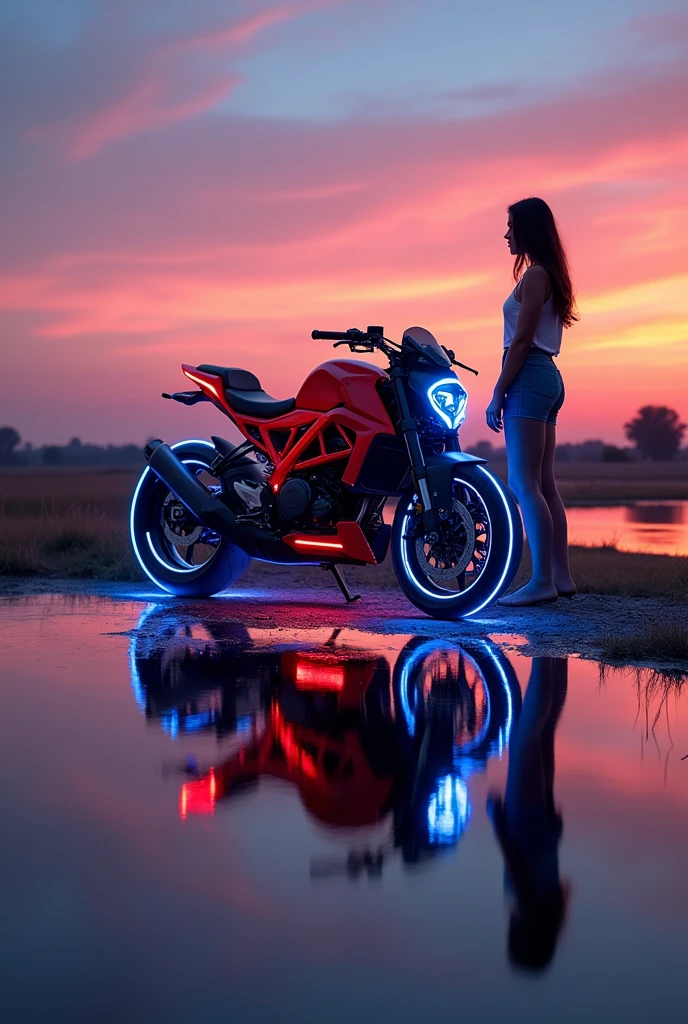A highly detailed 4K image of a red and blue RX 100 bike parked on a calm, mirror-like water pond during a stunning sunset. The bike is illuminated with neon sky blue headlights and is adorned with vibrant neon lights across its body, casting a vivid, glowing aura around it. The water perfectly reflects the bike and its lights, creating a mesmerizing double image. Standing beside the bike is a 2 girl, her silhouette outlined by the neon glow. The background features a breathtaking sunset, with warm hues of orange, purple, and pink blending into the horizon, adding a serene yet futuristic atmosphere to the scene."
