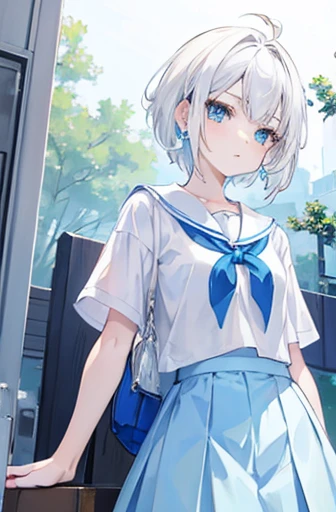 Anime, girl, teenage, short hair, white hair, plae blue eyes, cool, earrings, wearing a white top and blue skirt, cigarette, cute