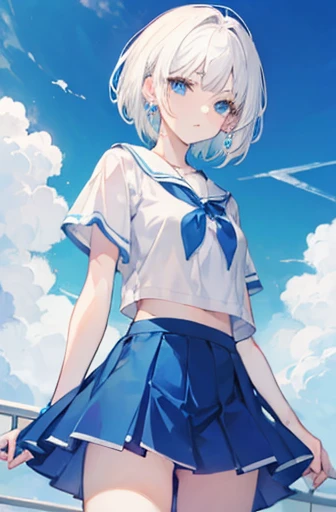 Anime, girl, teenage, short hair, white hair, plae blue eyes, cool, earrings, wearing a white top and blue skirt, cigarette, cute 