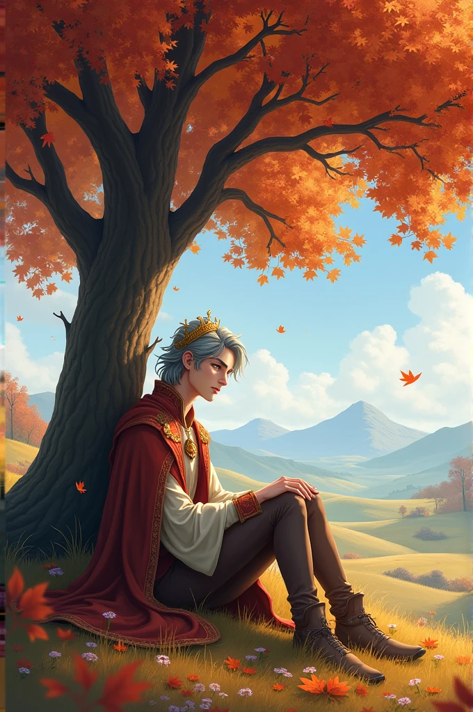 (1boy, grey_medium_hair, blue_eyes, royalty_clothes, crown), sit_down_tree, autumn_leaves, day, fantasy, landscape, ((8k_high_definition)), looking_to_the_sid