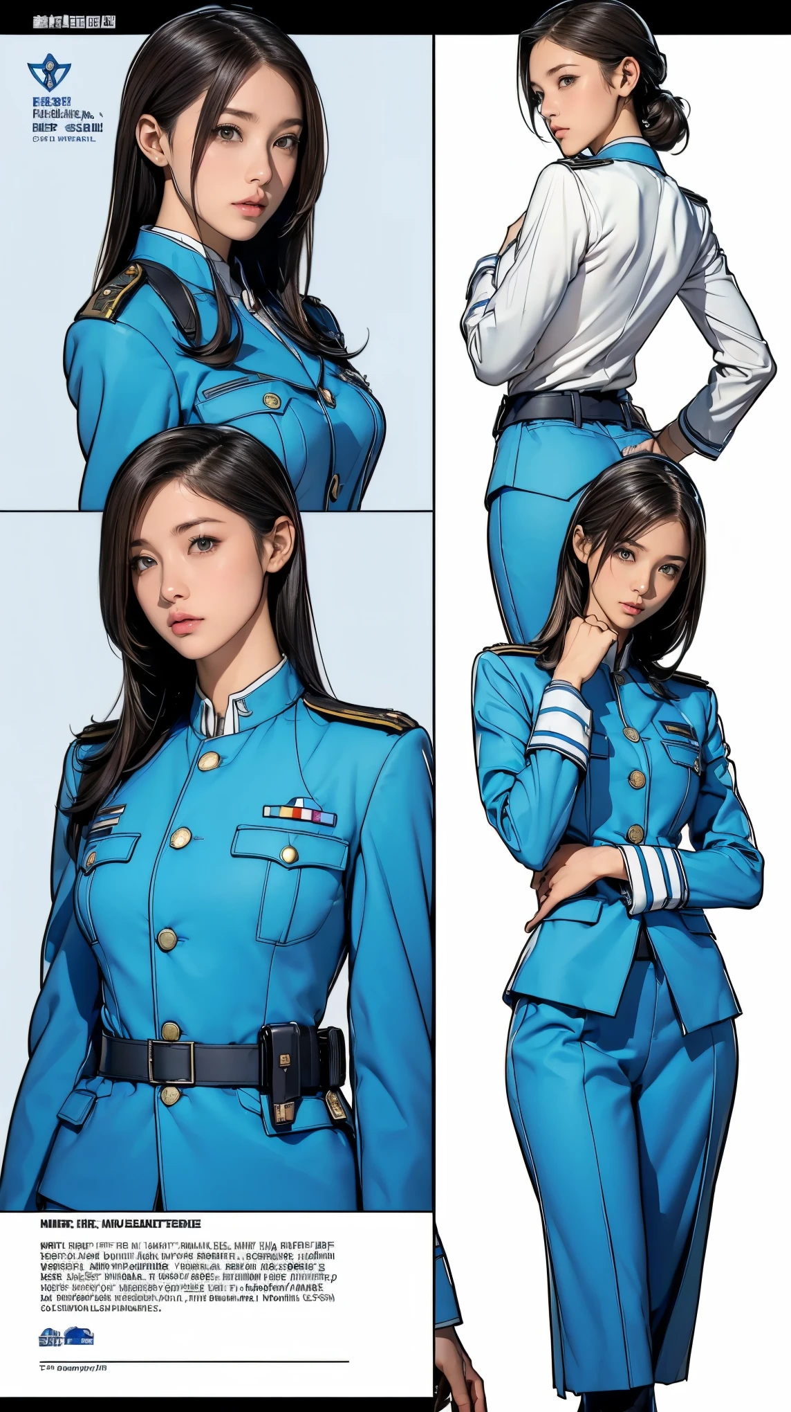 ((masterpiece)),(((Highest quality))),((Reference Sheet, Character Design, front, return, ~ ~ ~ side, Mr...々Hairstyle, Mr...々performance, Facial Expressions)), , Cute type, (Very slim:1.4), (Very small ass:1.4), Realistic buttocks, (Medium Bust:1.4), Short Bob, Thin thighs, Long legs, It's not a big deal,(A female Earth Federation officer is walking), (Wearing Earth Federation military uniform, White and blue military uniform),(Worn by federal government employees'White Hat:1.5)