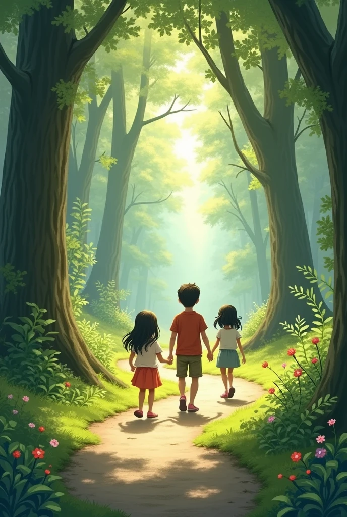 Two girls one boy going for visiting to forest they are going road slowly