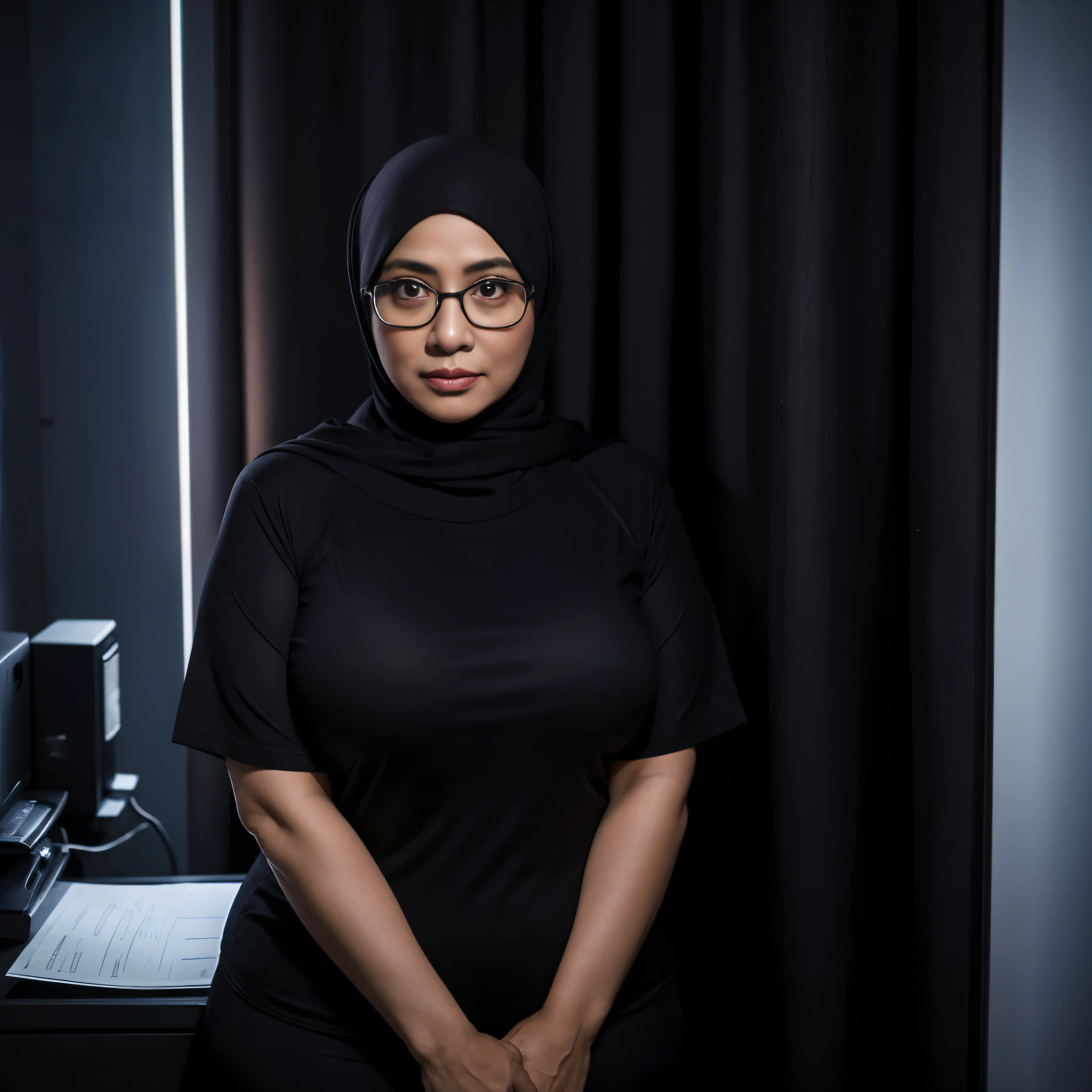 Age 55-Years-Old, Nerd Hijab Indonesian mature woman, ((Big Mature : 1.3)), Tight Thin T-shirt, Curvy body, Hourglass Body, (((at doctor office, Dark light, at Nighttime))).