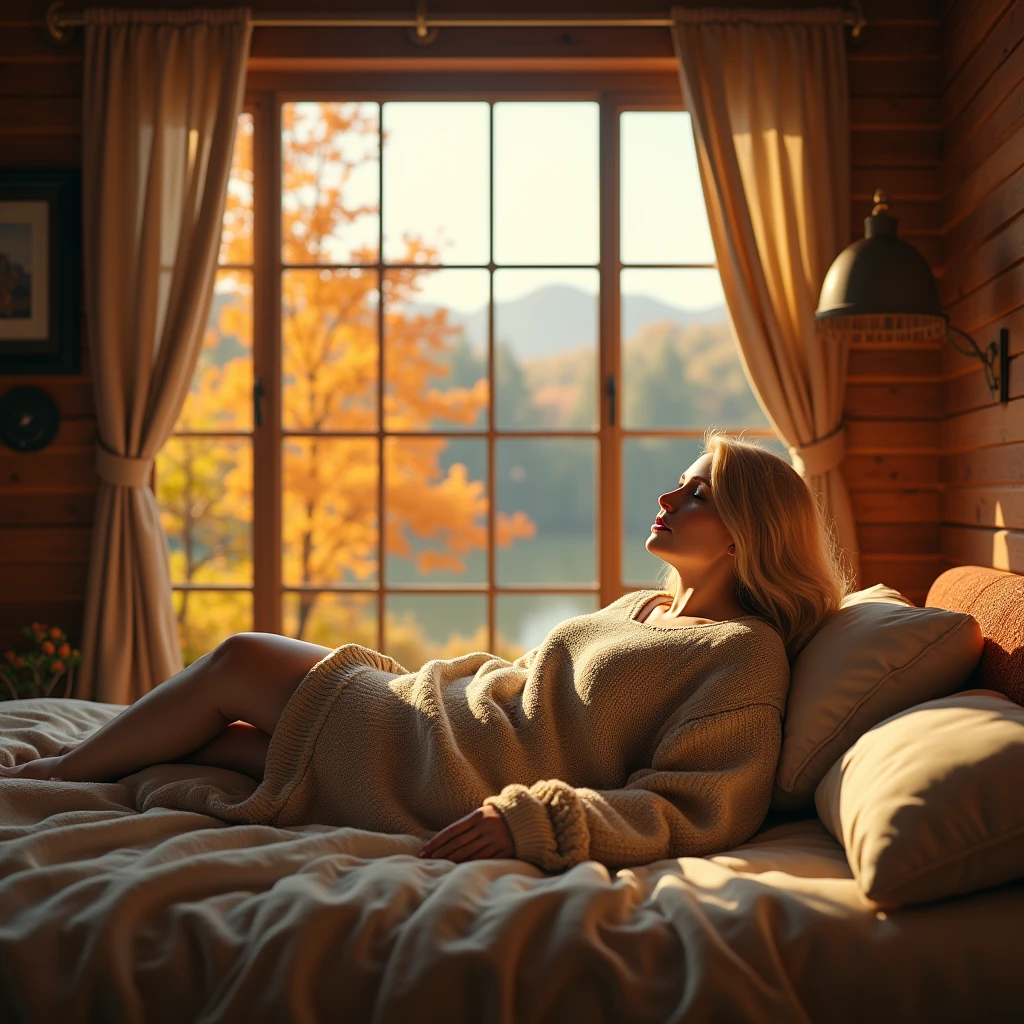 blonde woman, wearing a big wool sweater in an autumn style room with a large window overlooking the autumn leaves outside, (big boobies 1.2), lying in a bed, ultrarealistic, detailed skin, 8k