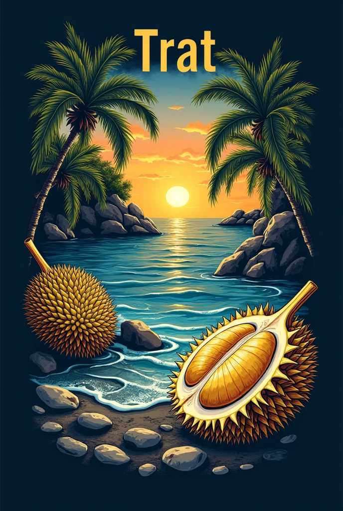 Design a shirt with sleeves, with durian, the sea and the word Trat on the shirt, and arrange the proportions appropriately. Design it with a dark color.
