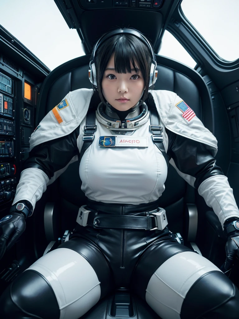 masterpiece, Highest quality, Very detailed, Japanese Android girl, Beautiful Japanese Women, Plump,Big Breasts,Control panel,Android,cyborg,Blunt bangs,sitting in the cockpit of a spaceship,astronaut,He is attached to the back of a chair by a thick black harness.,His arms and legs are strapped to the chair with thick black leather straps.,