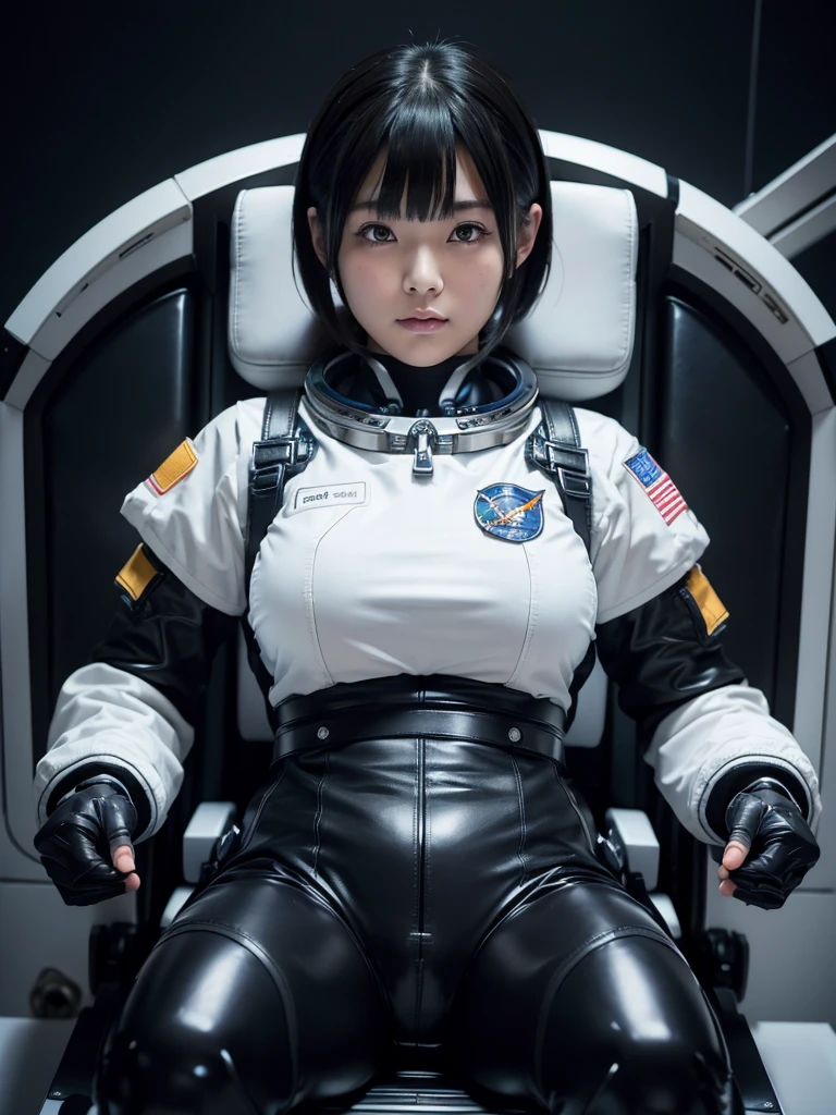 masterpiece, Highest quality, Very detailed, Japanese Android girl, Beautiful Japanese Women, Plump,Big Breasts,Control panel,Android,cyborg,Blunt bangs,sitting in the cockpit of a spaceship,astronaut,He is attached to the back of a chair by a thick black harness.,His arms and legs are strapped to the chair with thick black leather straps.,