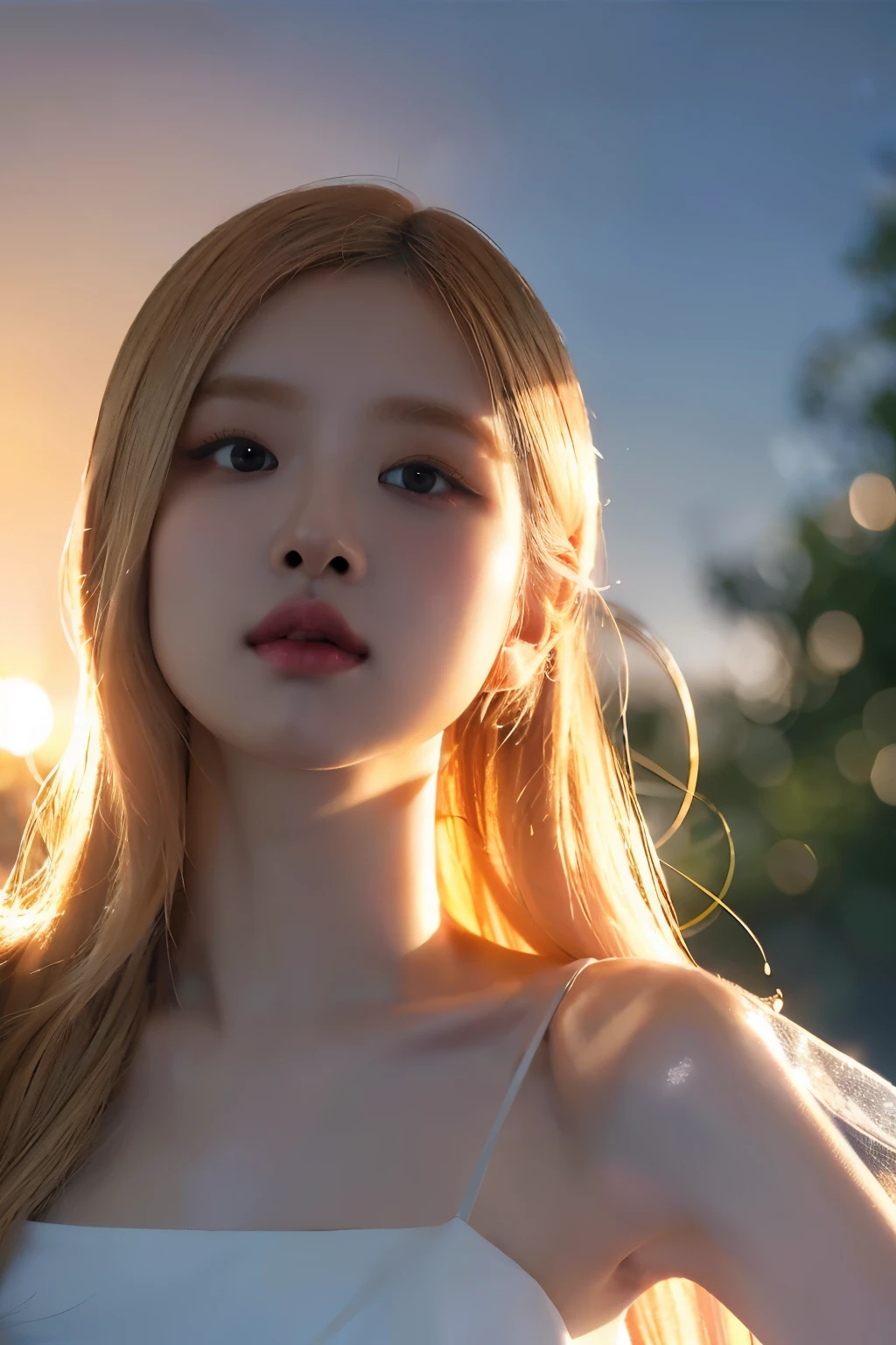 blonde hair, white dress, (sky in the background), detailed face, detailed eyes, long eyelashes, shimmering, glowing, ethereal, angelic, serene, peaceful, heavenly, divine, (best quality,4k,8k,highres,masterpiece:1.2),ultra-detailed,(realistic,photorealistic,photo-realistic:1.37),intricate details,cinematic lighting,dramatic lighting,volumetric lighting,chiaroscuro,dramatic shadows,dramatic highlights,vibrant colors,soft focus,shallow depth of field,golden hour