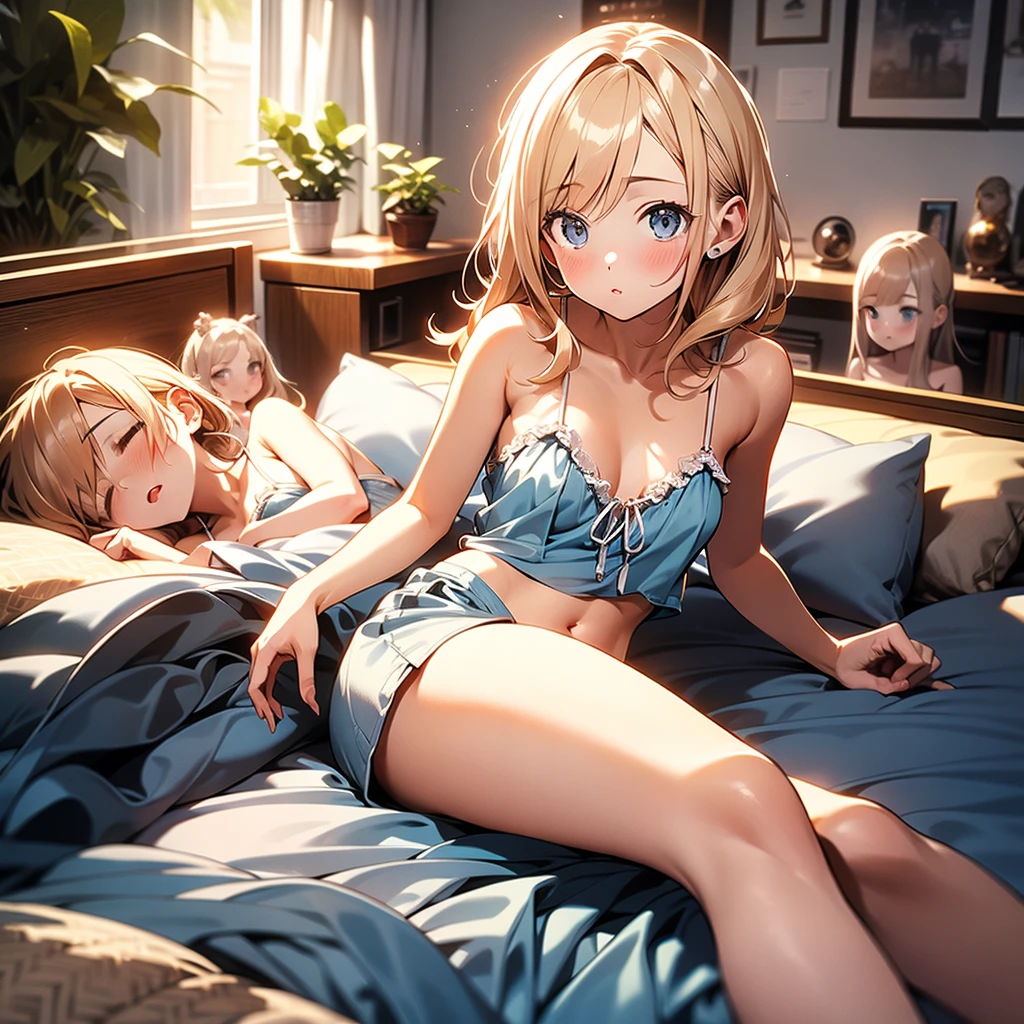 8k、best quality、masterpiece、Very detailed、Ultra-high resolution、((5-people))、5 girls、blond、(((on the bed)))、blush、wearing camisole、Bare shoulders