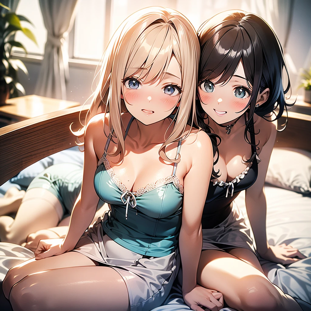 8k、best quality、masterpiece、Very detailed、Ultra-high resolution、((5-people))、5 girls、blond、(((on the bed)))、blush、wearing camisole、Bare shoulders