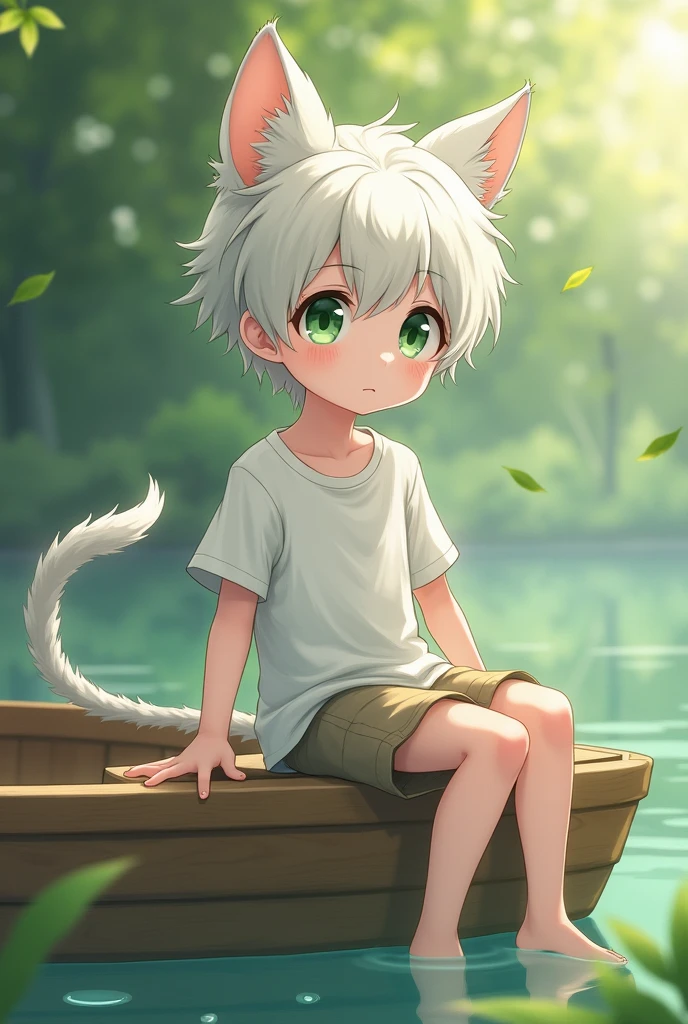 1 boy with gray hair almost white, bright green eyes, pale skin, with ears and cat tail sitting on the edge of a boat, dressed in a white t-shirt a little baggy and a light brown shorts, without shoes and a somewhat anime style. 