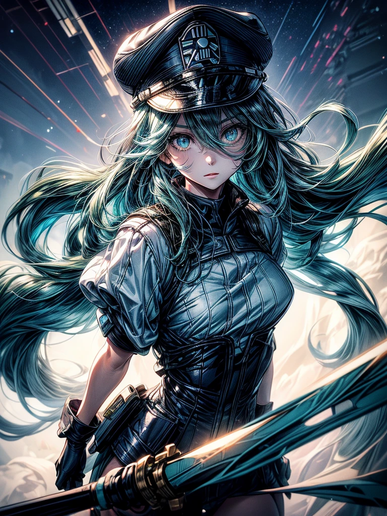 bondrewd wearing a blue peaked cap with light color green hair, 1girl, long hair, gloves, green eyes, white gloves, blue military uniform, pelvic_curtain, no pant, looking at sky, very long hair, white hair green color inner, uniform, solo, mature female, perfect full body, beautiful background, (night sky, stars), ultra detailed, detailed eyes, Star Wars CIS emblem on the hat, vibrant colors