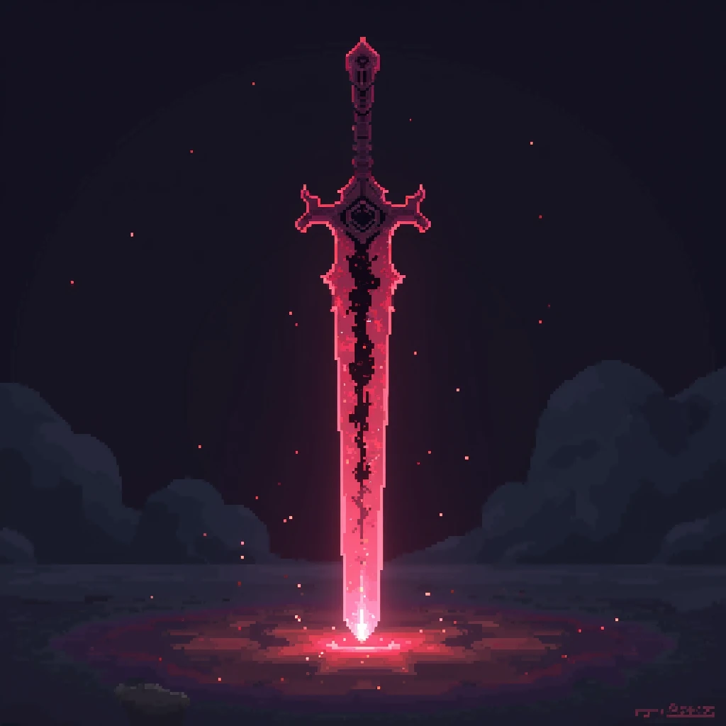 One sword projectile in pixel art style, made from a solid blood crystal in which vessels of black void are present