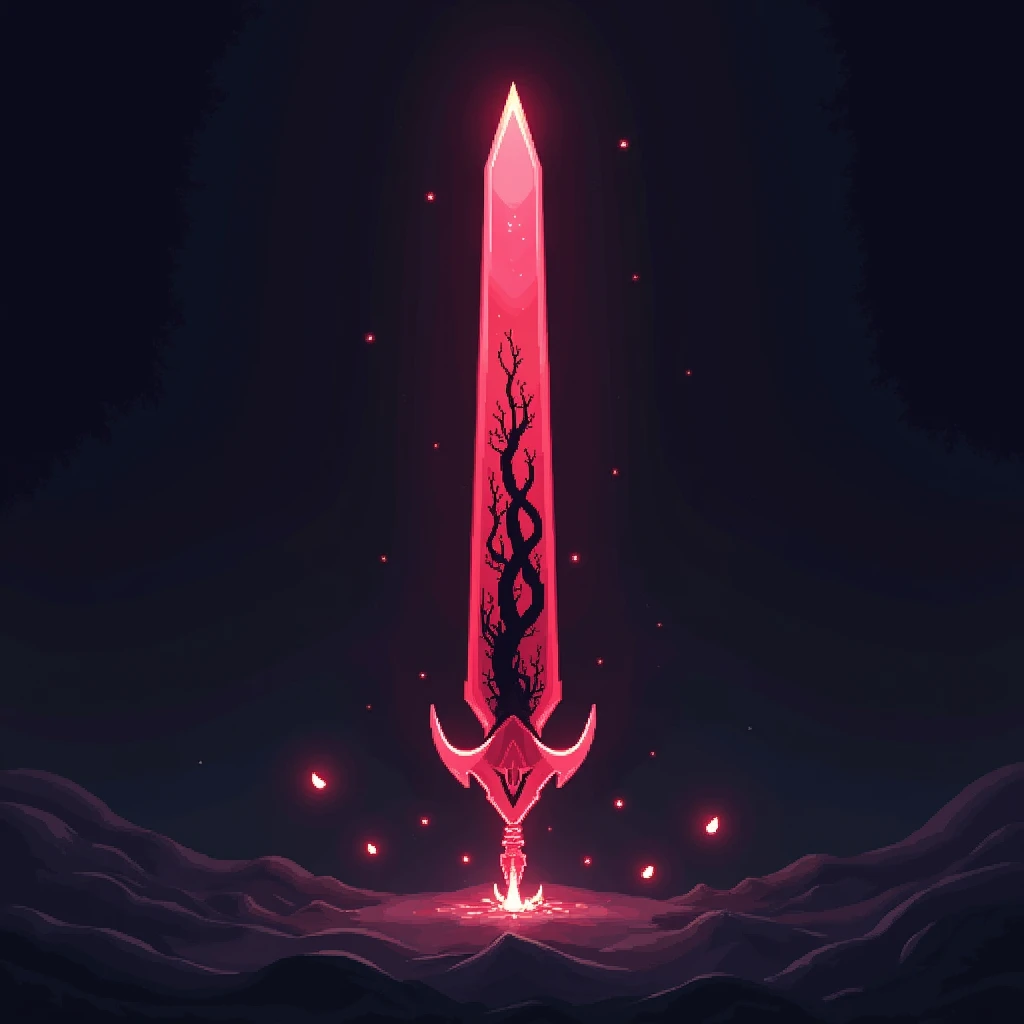 One sword projectile in pixel art style, made from a solid blood crystal in which vessels of black void are present
