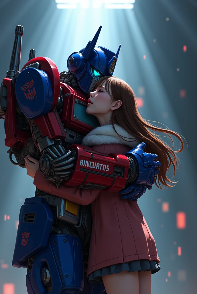 Optimus Prime hugging Rika Kawai, crying face, screaming expression, highly detailed, 8k, realistic, photorealistic, studio lighting, cinematic lighting, dramatic, emotional, powerful, bold colors, vibrant colors, warm colors, atmospheric, epic, heroic, intricate details, exquisite textures, beautiful shading, chiaroscuro, oil painting, digital art, matte painting