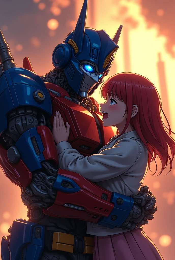 Optimus Prime hugging Rika Kawai, crying face, screaming expression, highly detailed, 8k, realistic, photorealistic, studio lighting, cinematic lighting, dramatic, emotional, powerful, bold colors, vibrant colors, warm colors, atmospheric, epic, heroic, intricate details, exquisite textures, beautiful shading, chiaroscuro, oil painting, digital art, matte painting