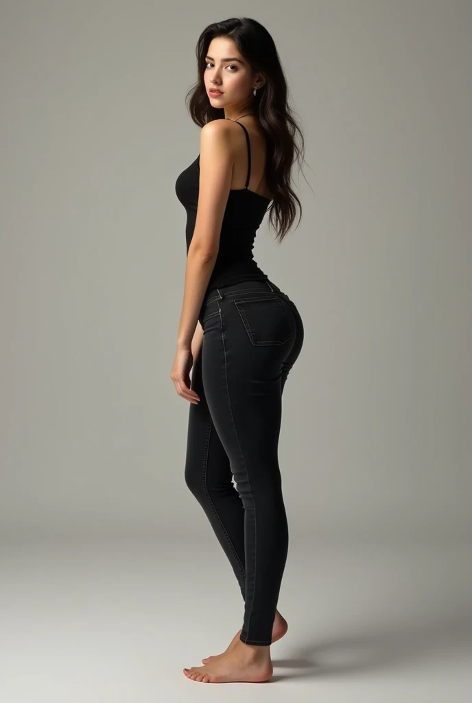 Create an girl with height 5.2 with figure 38 25 38 In tight black top and tight jean with midium thigh view from side and back and front