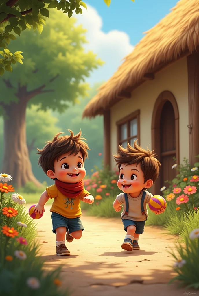 Two baby boys, Anna and Tamma, are playing in front of a small, cozy house. The house has a thatched roof, and there’s a small garden with flowers and a tree nearby. The boys are laughing and running around, with Tamma holding a small ball.