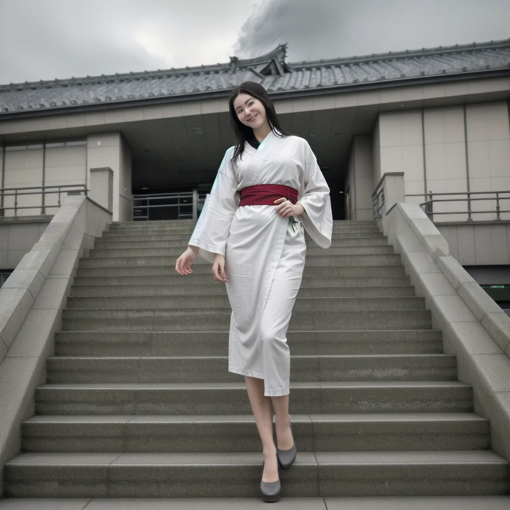 A girl tall masterpieces pedigree japanese mixed icelandic(8K)(massivedetailed)(massiverealistics), red and white japanese miko kimono set long style(8K)(massivedetailed)(massiverealistics), face oval slim beautiful cute(8K)(massivedetailed)(massiverealistics),nose small high bridge(8K)(massivedetailed)(massiverealistics), skin white aura, trick eyebrows,eyelids double slender, hair dark black chiny shin(8K)(massivedetailed)(massiverealistics),smiling, look at the exit, 
Cloudy light rain,
Full body, On background standing ar the sation exit stairs tokyo station, japan (8K)(massivedetailed)(massiverealistics),