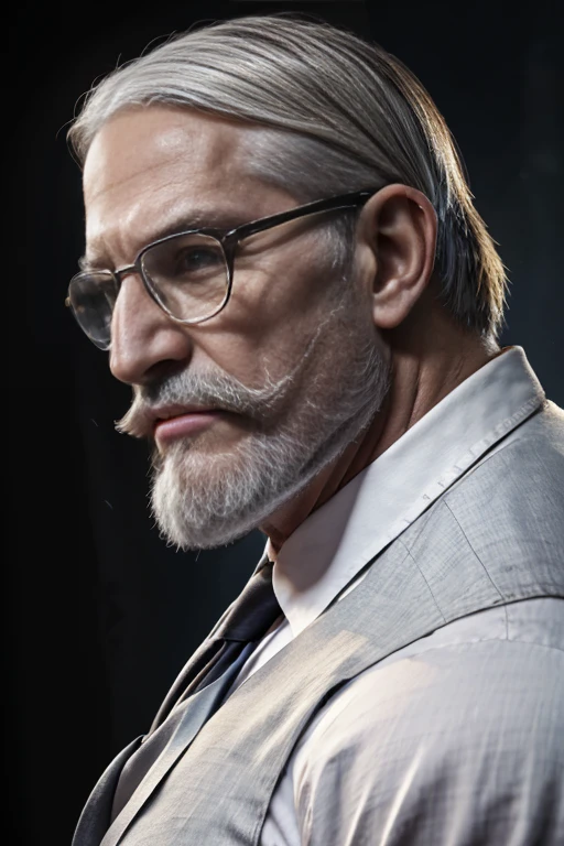 Wild muscle man, (80 year old dad:1.1), Chico 1, alone, long white Hair (Black dress shirt), (Big shoulders), Muscle tissue, Nargon, Stubble, thick Beard, Sharp Eye:1.3), (Detailed face:1.3), Wearing glasses, smile, Dynamic Angle, Volumetric lighting, (Highest quality, High resolution, Realistic), Cinema Lighting, masterpiece, Raw photo, Intricate details, High resolution, whole body, Tight jeans ,Cross your arms, Huge pectoral muscles、Giant Arms、glare、darkness,Darkness,Angry, anger vein, sweating, evil、Intimidating、Overbearing,  absurdly huge nose, hawk nose, big old man nose, convex nose, pronounced bridge and outward curve that protrudes from the base of the nose, , sharp well groomed beard,  well groomed moustache,  thick pronounced grey beard, grizzly hair, olive skin, strong jaw