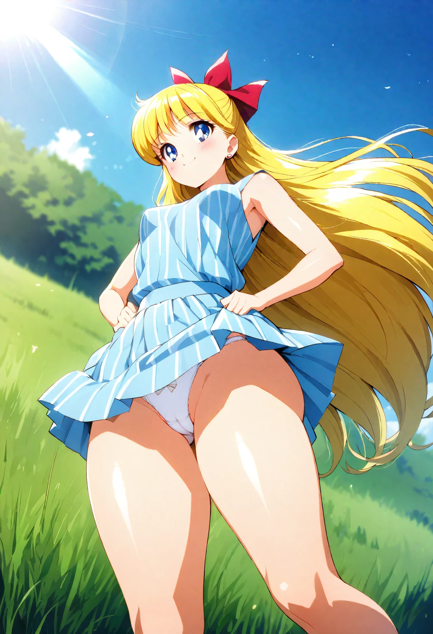 masterpiece, Highest quality, so beautiful, Long Hair, Blonde, Hair Ribbon, blue eyes, (Smaller head), Earrings, (whiteいワンピース:1.5), No sleeve, sunlight, grassland, Are standing, Cowboy Shot, Mid-chest, smile, blush, Look back here, (Skirt that flips up:1.5), (white_Panties:1.5), (Thick thighs:1.5), (Wide pelvis:1.5), (Looking up at the buttocks from below:1.5)