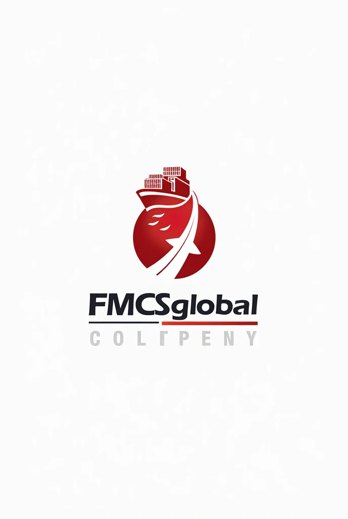 draw me an import export company logo with a container symbol, ship, arrow, Earth. Name: FMCGS GLOBAL, Main color: red white, professional creative style