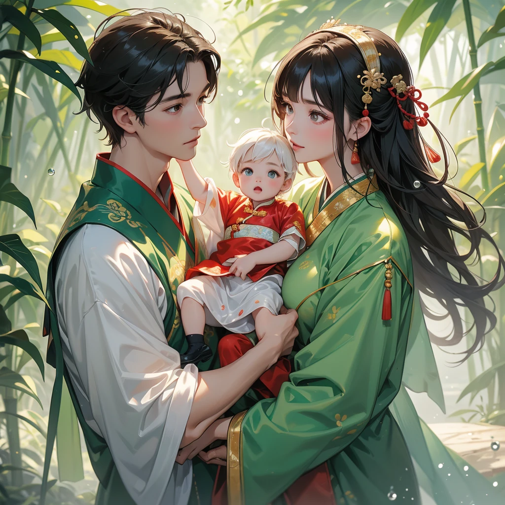 A one-year-old baby boy in an ancient Chinese baby costume with his beautiful mother, dressed in an white ancient Chinese costume, playing with each other, with his handsome father standing next to his mother, close up.
The back is a lush green bamboo forest. The air after rain has water droplets splashing around.