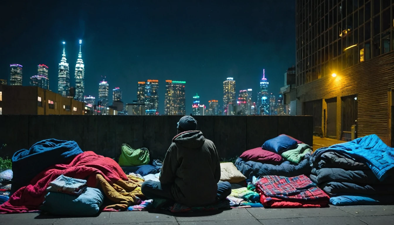 8K image showing a view of a big city at night with bright lights. in the foreground, homeless man sitting on dark sidewalk, surrounded by piles of their personal belongings and blankets. Modern buildings with neon lights shining in the background. The dark atmosphere and contrast between the city's nightlife and the dire conditions of the homeless." Keywords:
City Night Homeless Neon Lights