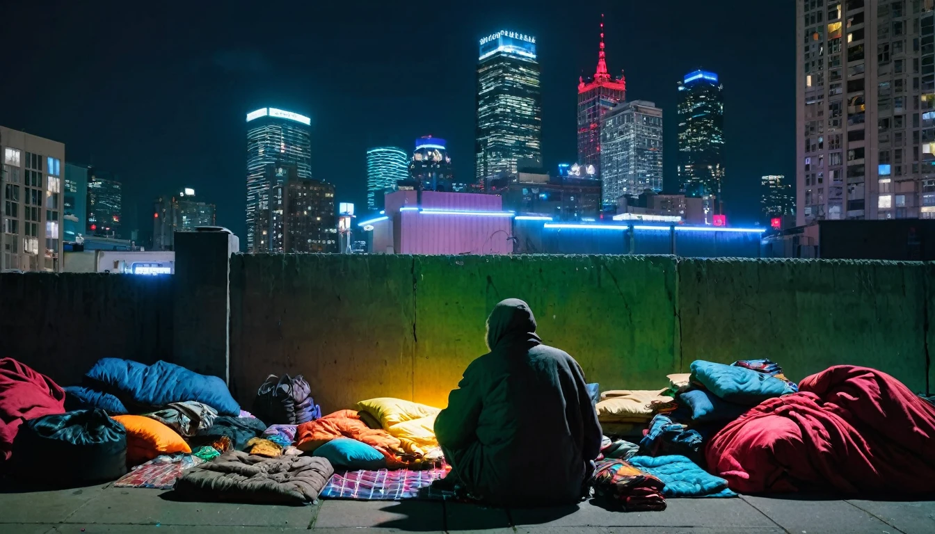 8K image showing a view of a big city at night with bright lights. in the foreground, homeless man sitting on dark sidewalk, surrounded by piles of their personal belongings and blankets. Modern buildings with neon lights shining in the background. The dark atmosphere and contrast between the city&#39;s nightlife and the dire conditions of the homeless.&quot; Keywords:

City Night Homeless Neon Lights