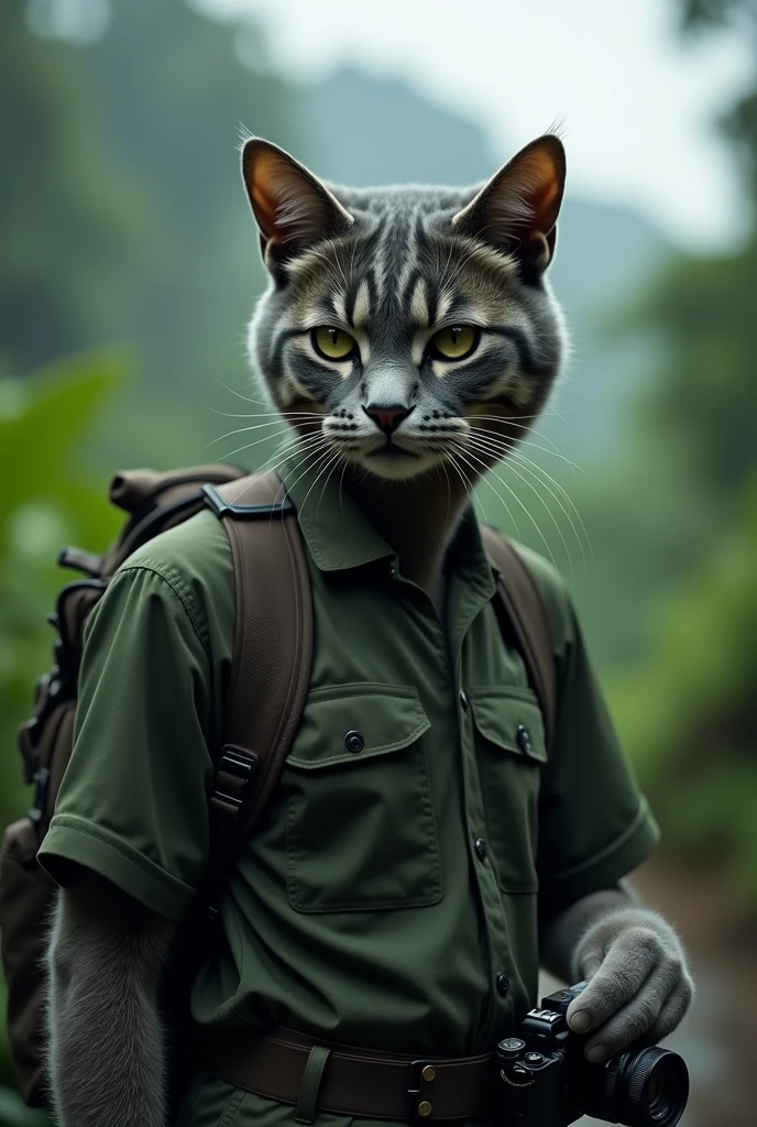 Documentary-style realistic photographs of a gray tabby cat. The body is a man.  Has a third eye in the middle of his forehead and wears military-style clothes. Dark green shirt, carrying a backpack, camera in hand. The background is a rainforest. While it is raining, the atmosphere is cloudy.