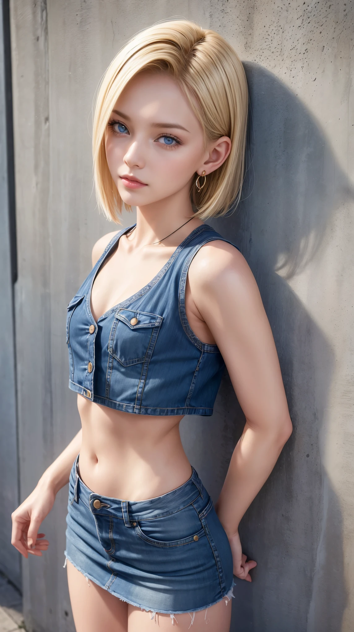Highest quality, High resolution, AND18, One Girl, Android 18, alone, Blonde, blue eyes, short hair, Cute smile,Earrings, jewelry, Denim dress, Open Vest, Black sports bra, Jeans Mini Skirt, Blue mini skirt, Small breasts, Cowboy Shot, Pose with buttocks sticking out and turning around,street, (External dilated chest: 1.2),