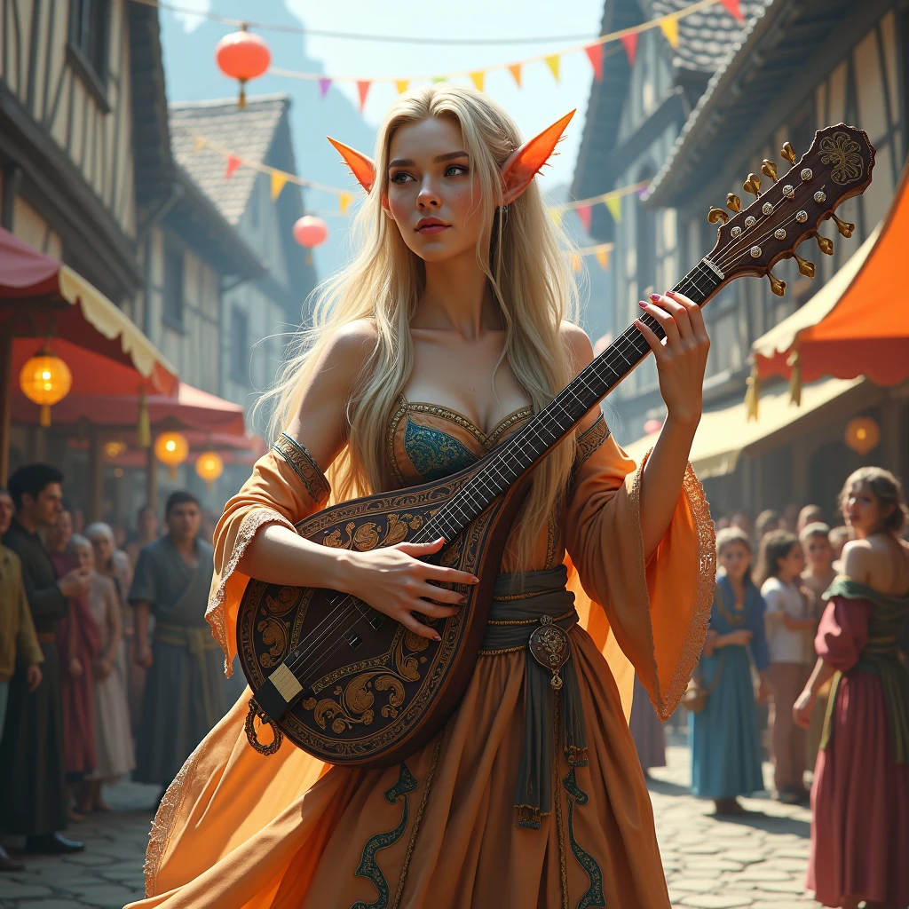 An elven bard playing the lute at a village festival、Dungeons&Dragons