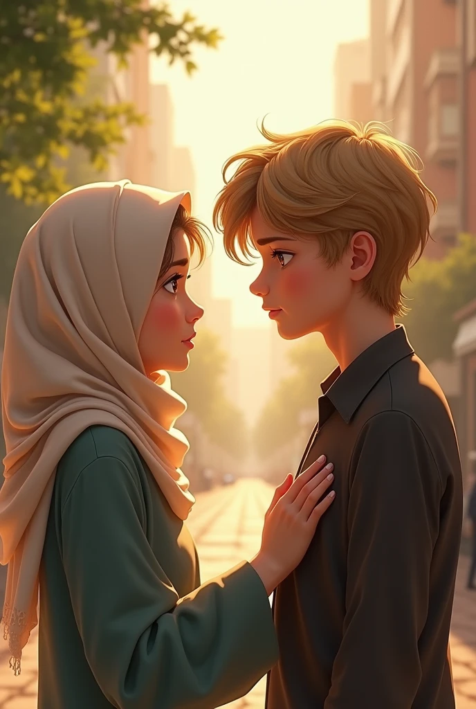 A boy with golden hairs is saying sorry to his girl in hijab