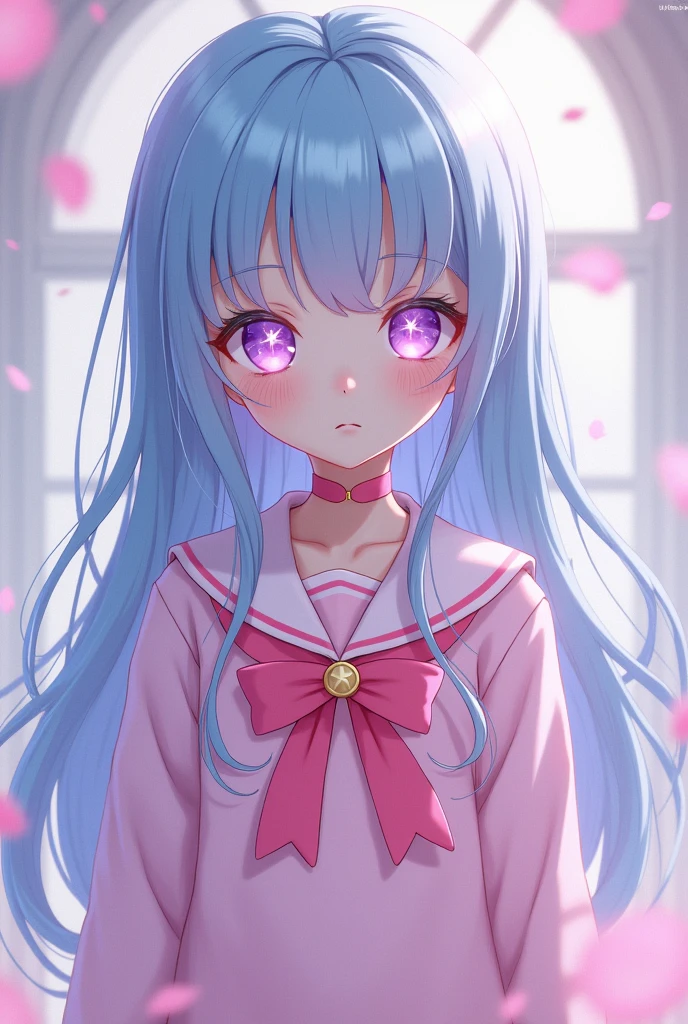 girl blue hair with pastel pink highlights, skinny body and waist, Long hair, estiló sailor moon, very pastel pink sailor moon costume, purple eyes with stars eye type Ai hoshino, head on, PINK HAIR STRANDS, PINK SAILOR MOON STAR
